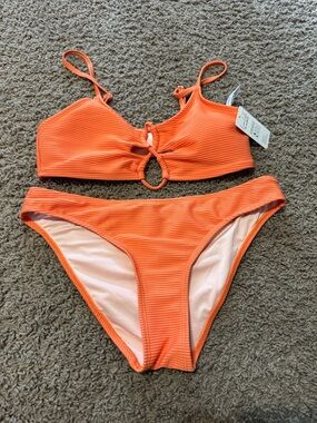 Cupshe Orange Ribbed Ring-Front Bikini Set M